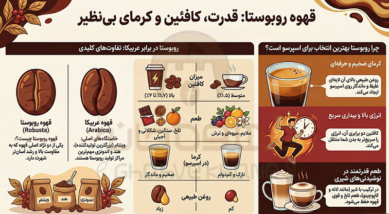 خرید قهوه ۱۰۰٪ روبوستا، قهوه‌ای قوی، پرکافئین و مخصوص اسپرسو